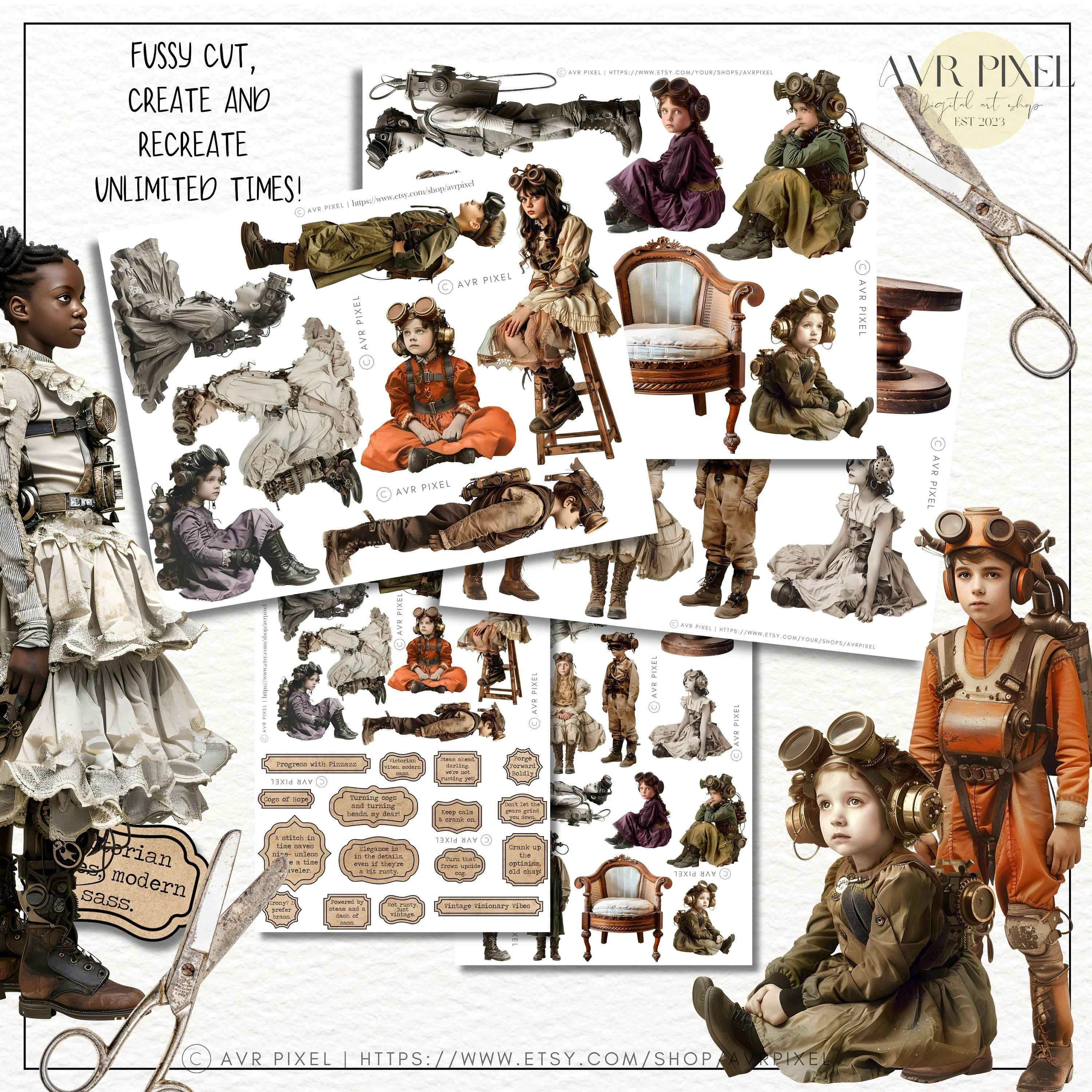 Steampunk Kids Ephemera Set: Vintage Junk Journal Kit (PDF Download)_JJES3SET21