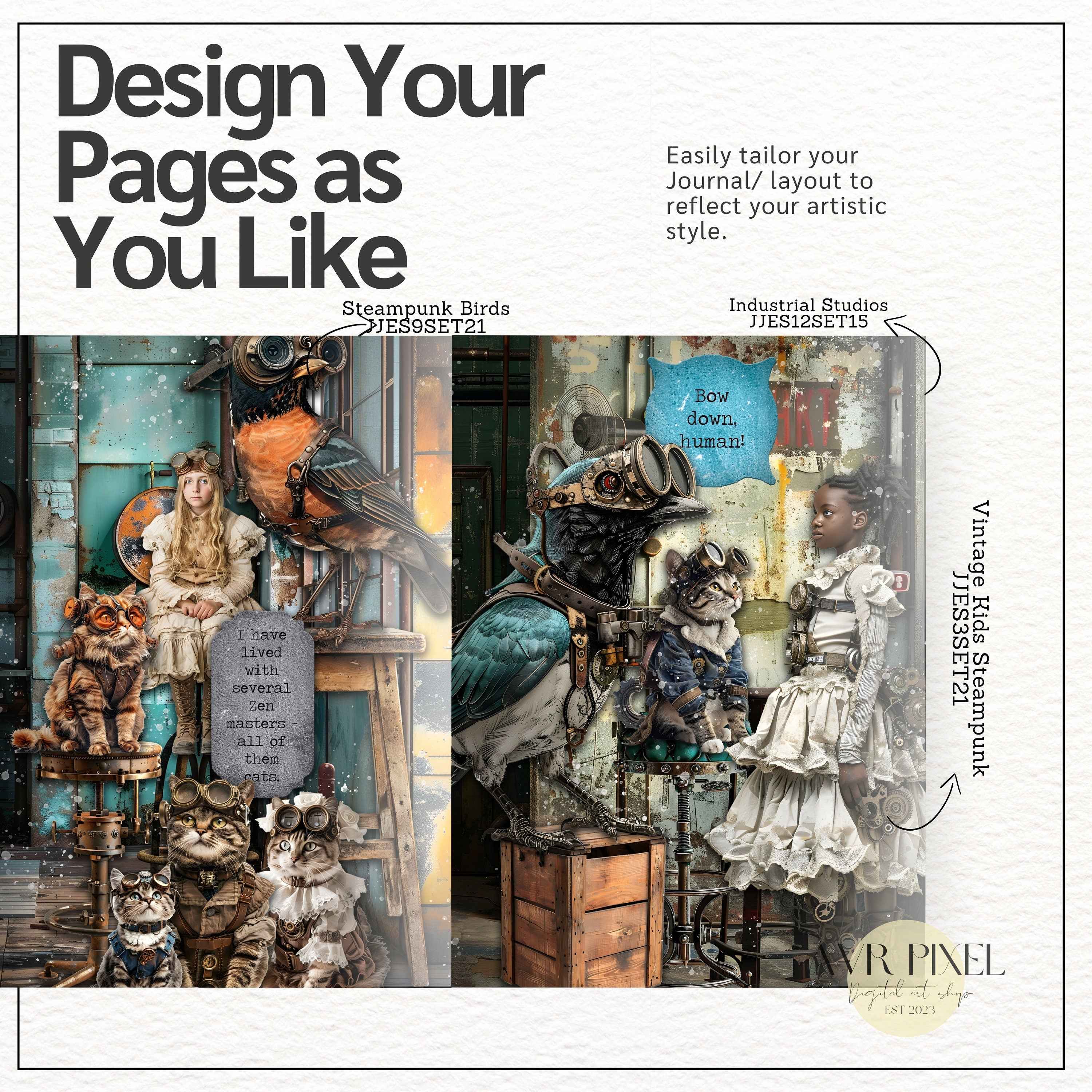 Steampunk Cats Clip Art: Victorian Ephemera, Junk Journal Kit (PDF Download)