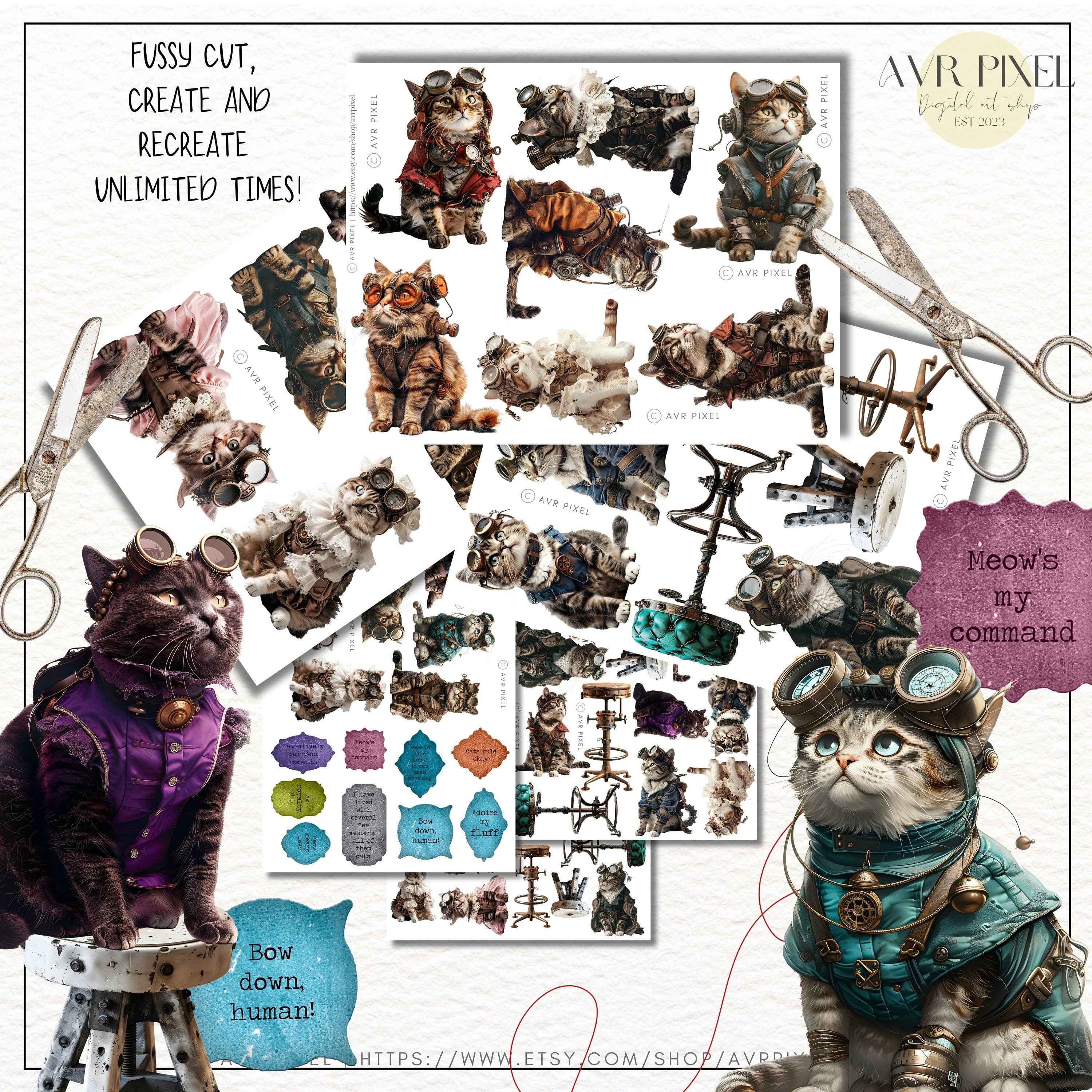 Steampunk Cats Clip Art: Victorian Ephemera, Junk Journal Kit (PDF Download)