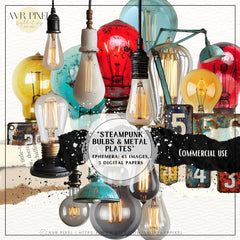 Steampunk Scrapbook Ephemera Set: Victorian Bulbs & Metal Plates (PDF Download)