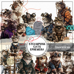 Steampunk Cats Clip Art: Victorian Ephemera, Junk Journal Kit (PDF Download)