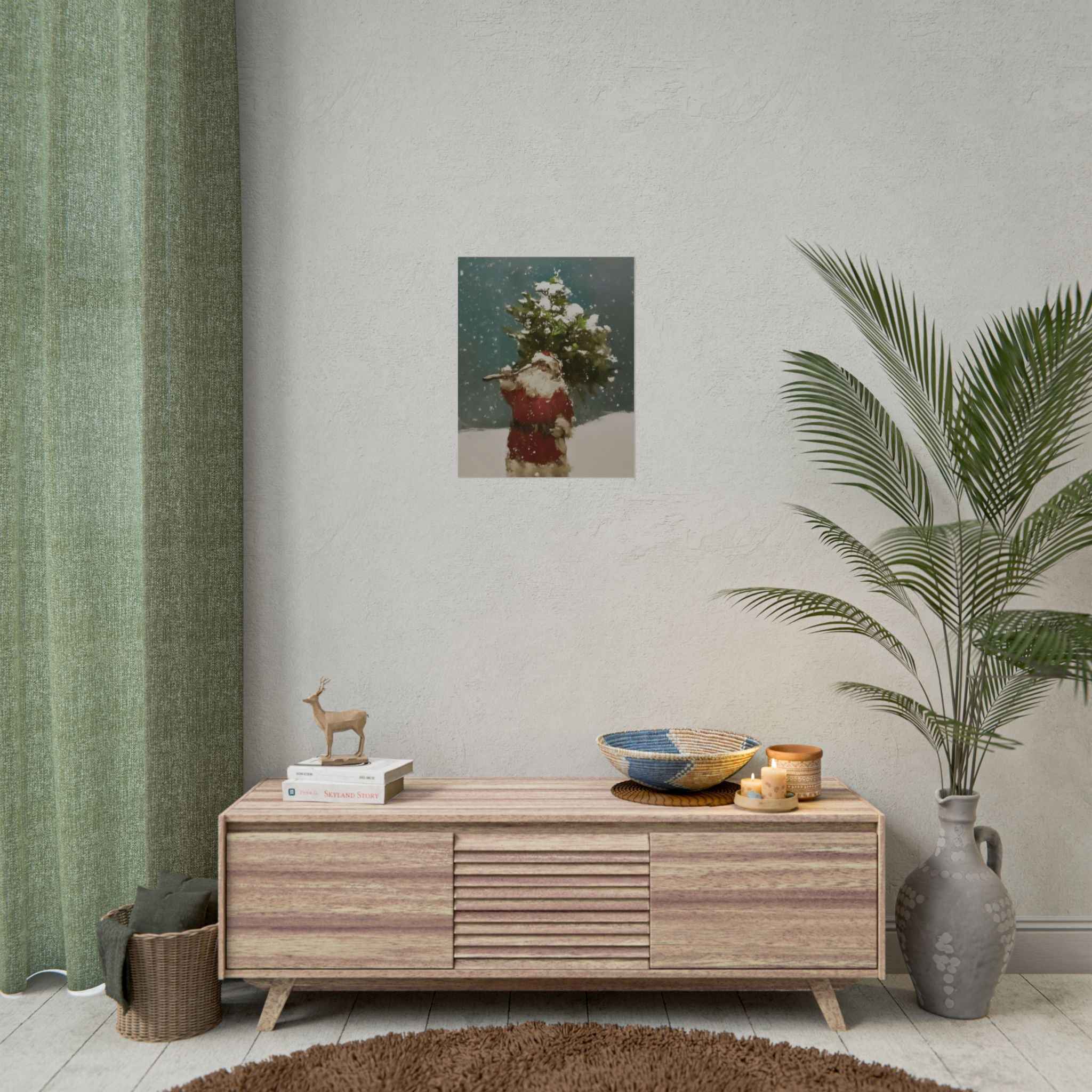 Santa in Snow Carrying Christmas Tree | Winter Wall Art | Poster Print or Digital option