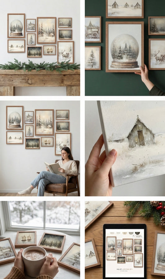 Vintage Farmhouse Christmas Prints: Rustic Winter Wall Art Set (PDF Download)