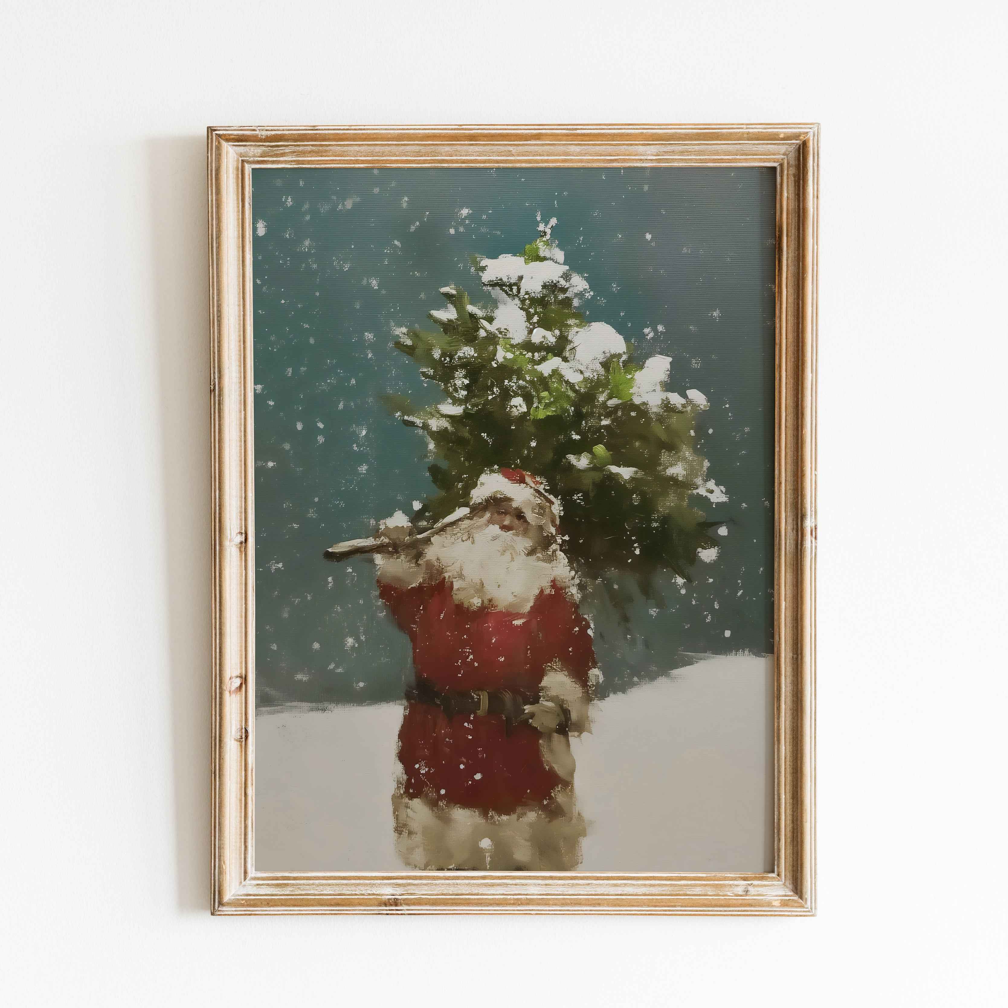 Santa in Snow Carrying Christmas Tree | Winter Wall Art | Poster Print or Digital option