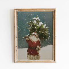 Santa in Snow Carrying Christmas Tree | Winter Wall Art | Poster Print or Digital option