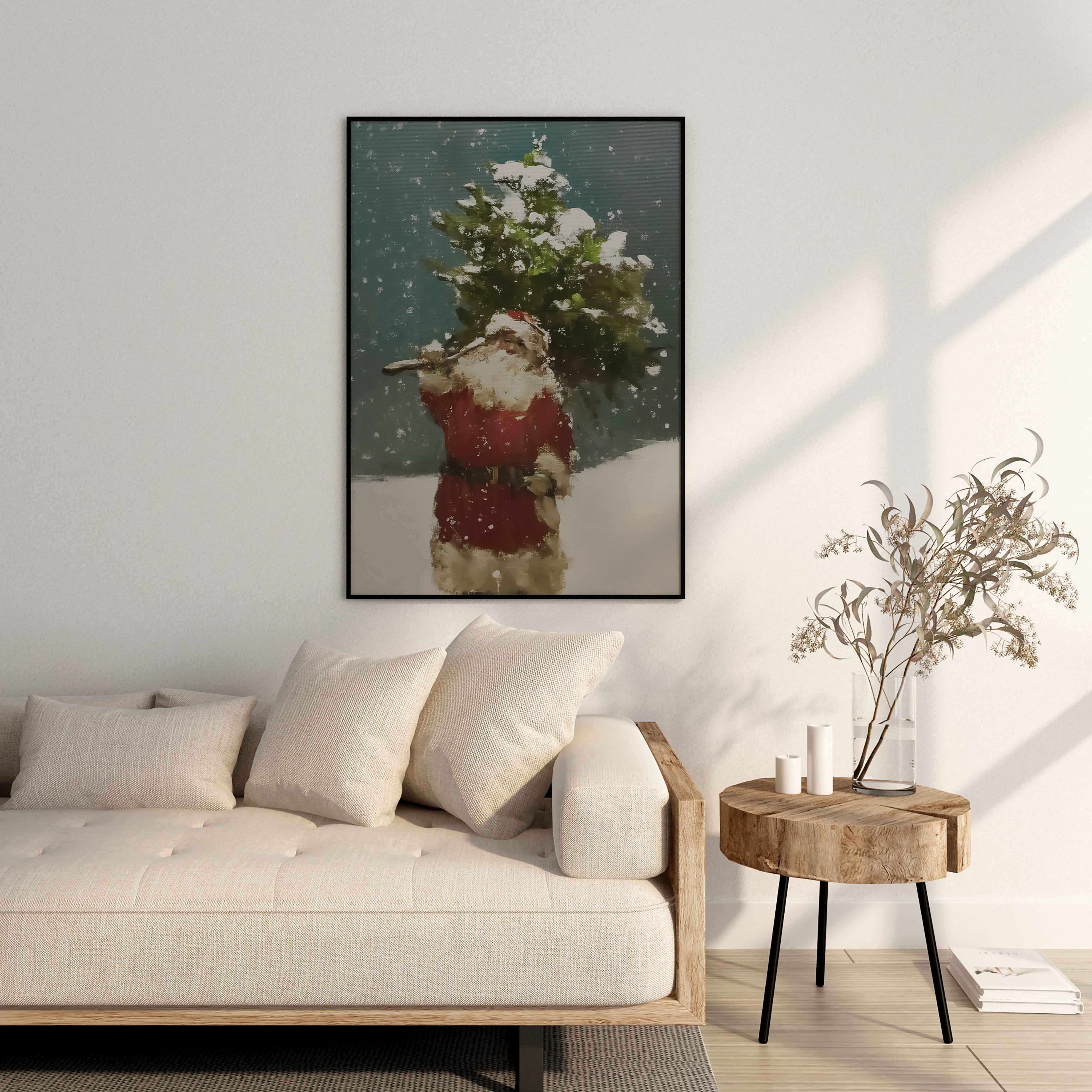 Santa in Snow Carrying Christmas Tree | Winter Wall Art | Poster Print or Digital option