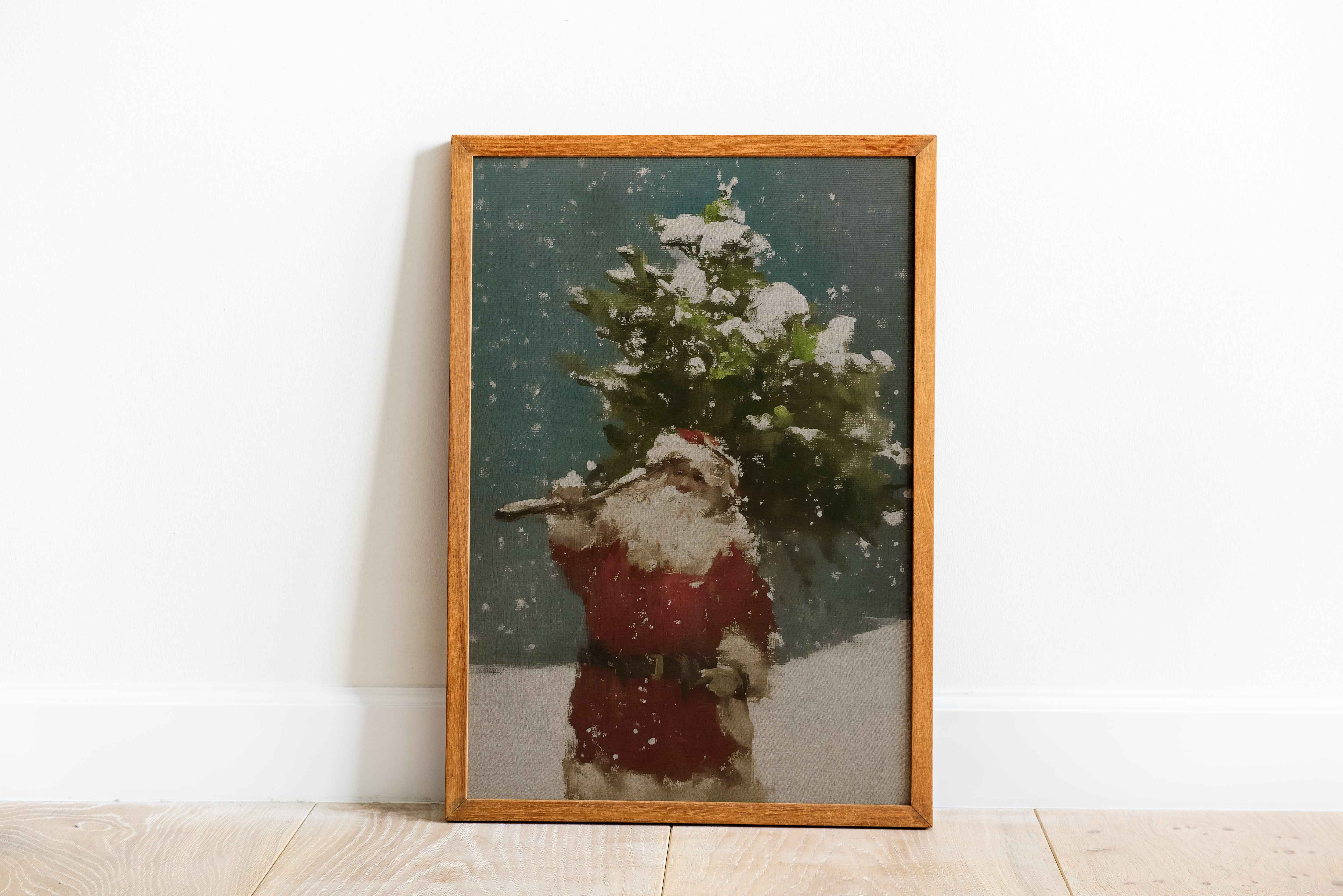 Santa in Snow Carrying Christmas Tree | Winter Wall Art | Poster Print or Digital option