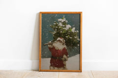Santa in Snow Carrying Christmas Tree | Winter Wall Art | Poster Print or Digital option