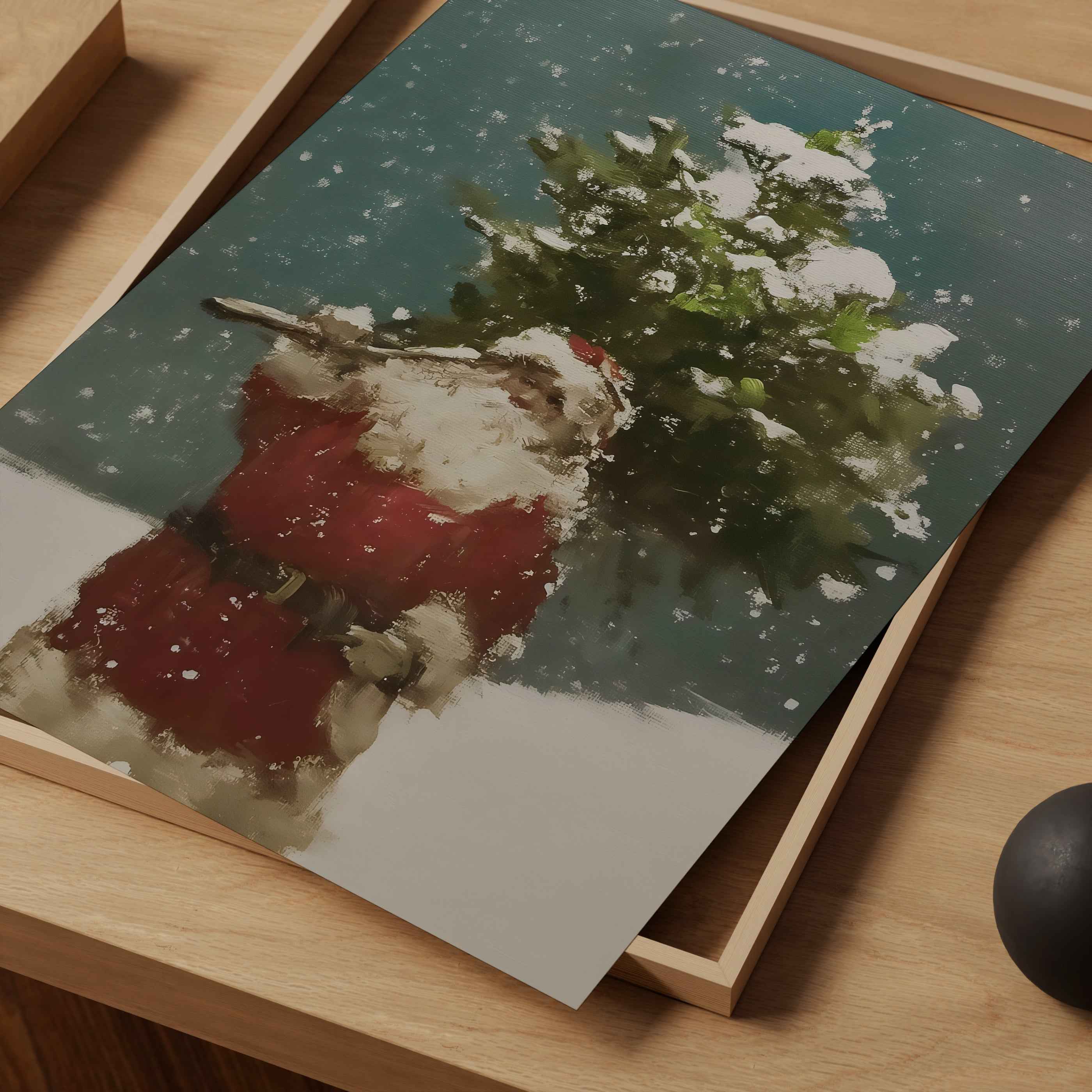 Santa in Snow Carrying Christmas Tree | Winter Wall Art | Poster Print or Digital option