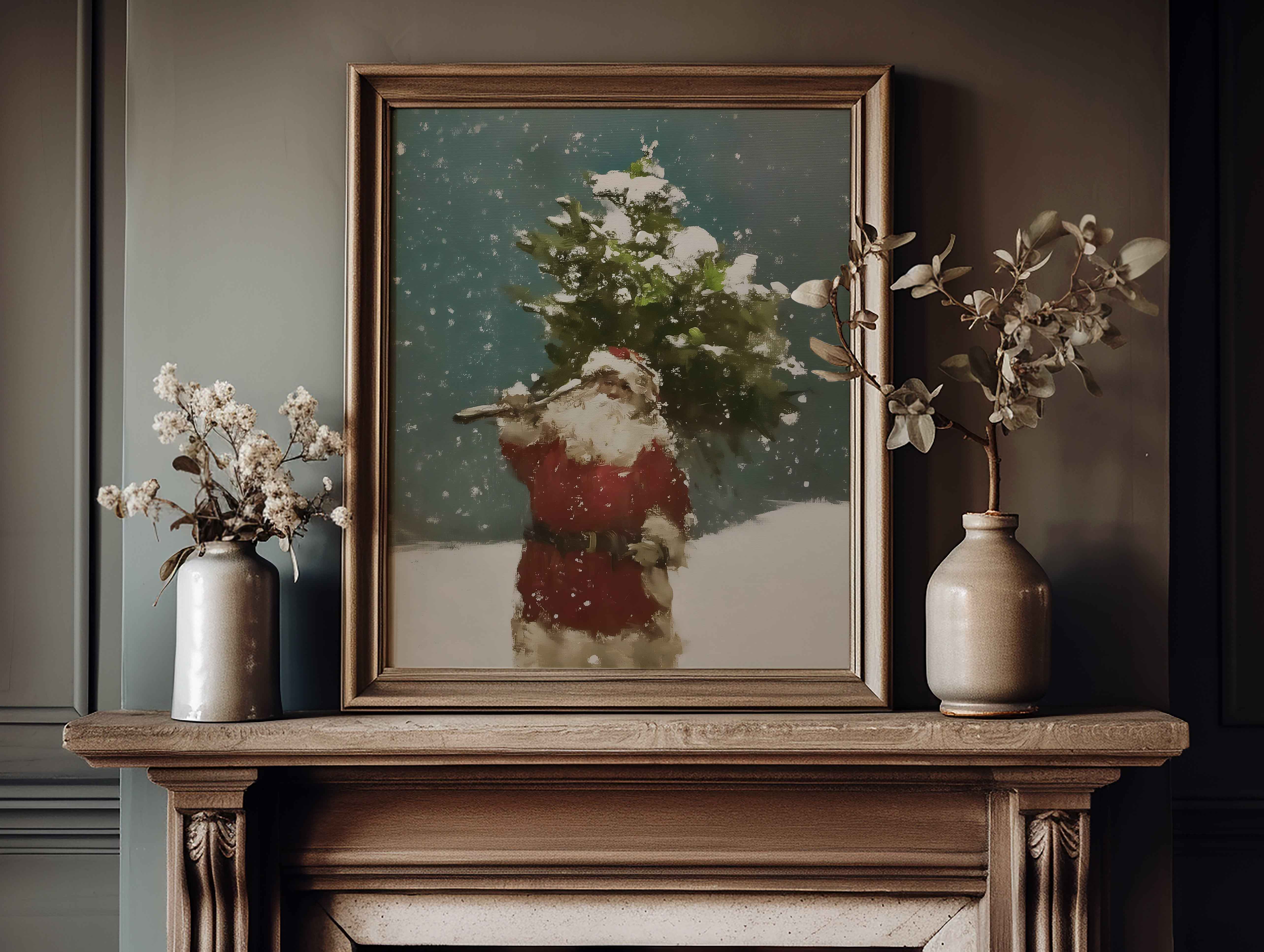 Santa in Snow Carrying Christmas Tree | Winter Wall Art | Poster Print or Digital option