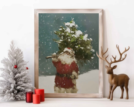 Santa in Snow Carrying Christmas Tree | Winter Wall Art | Poster Print or Digital option