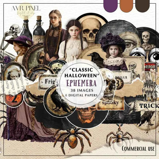A collection of vintage-style Halloween-themed digital art including images of ghosts, a skull, and spiders with a central text overlay reading 'CLASSIC HALLOWEEN EPEMERA 38 IMAGES & 6 DIGITAL PAPERS'.