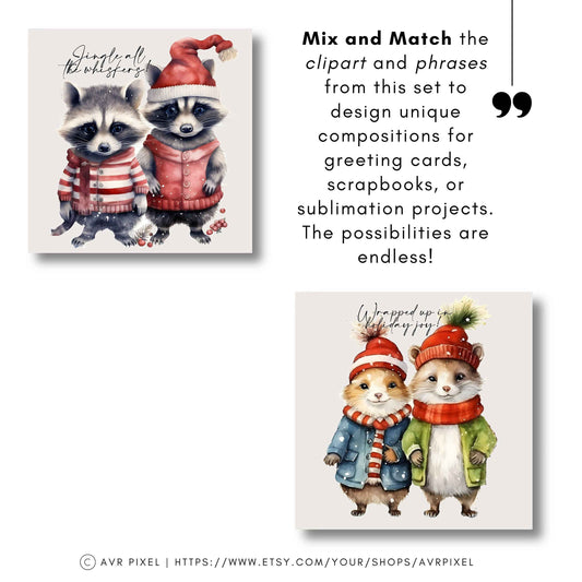 Christmas Animal Cliparts: Watercolor PNG Designs (PDF Download)