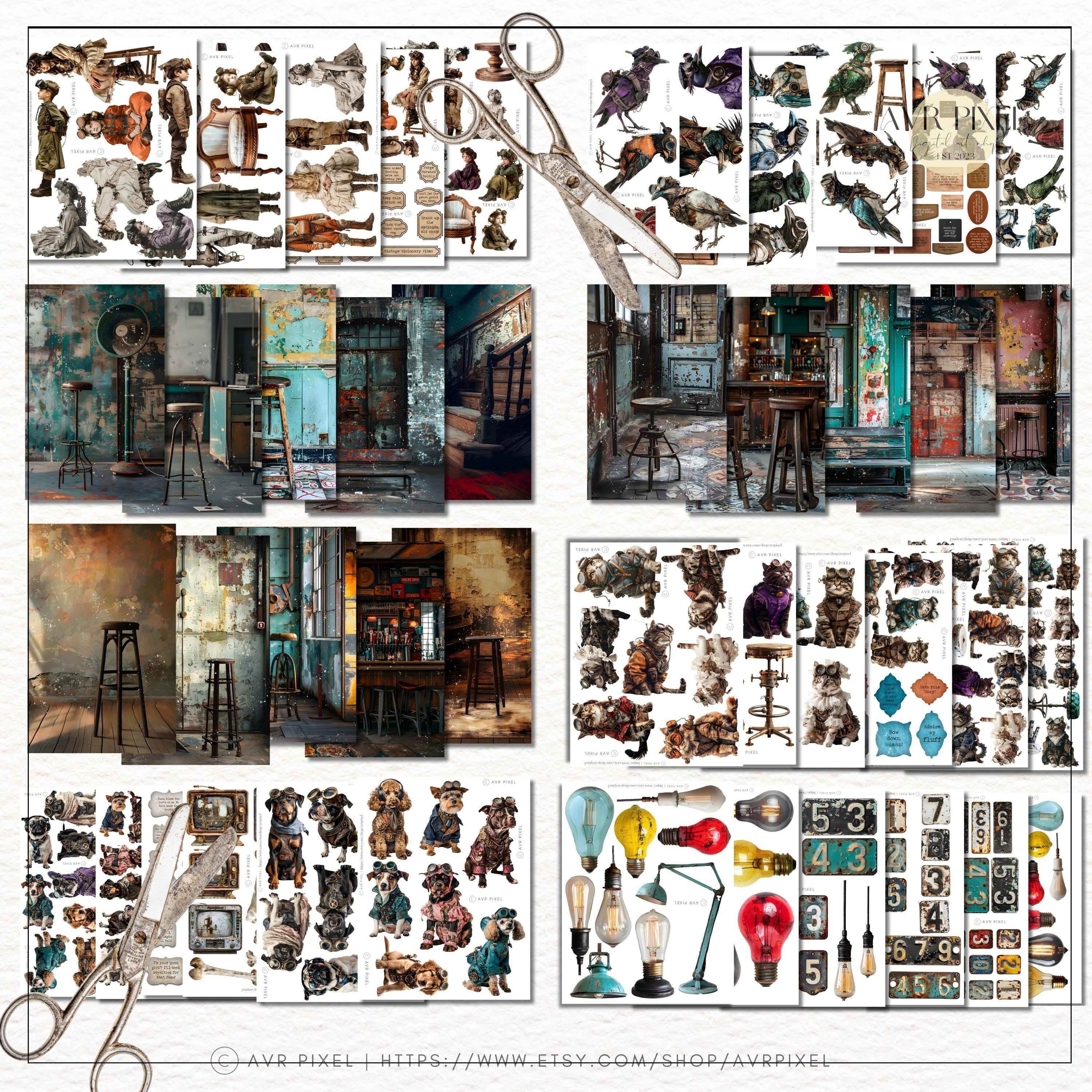 Steampunk Vintage Ephemera Kit | 200+ Junk Journal Clipart & Collage | Digital Download